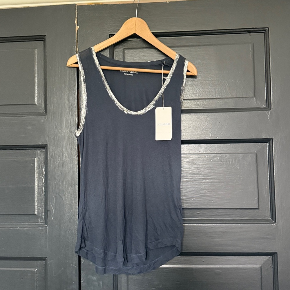 Zadig and Voltaire navy tank with glitter silver detail
